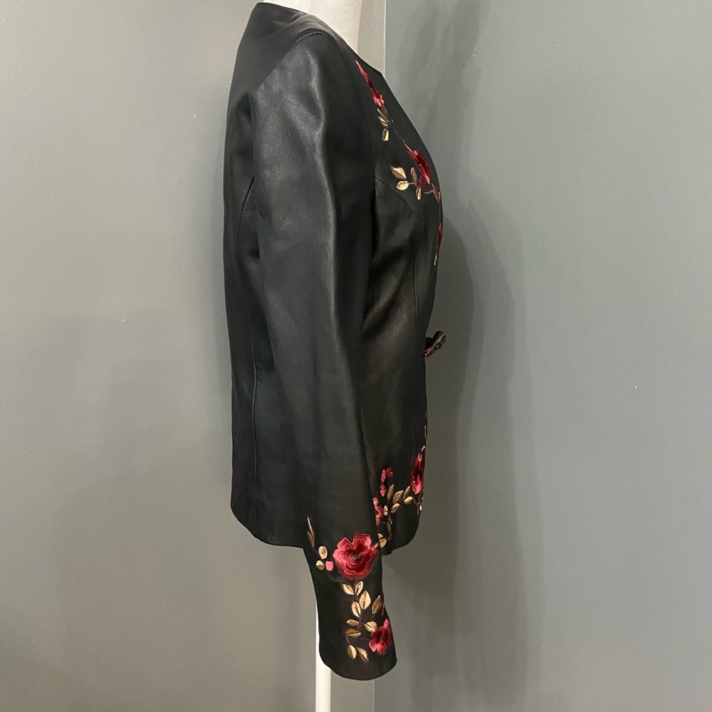 BELLE SPORT Womens Black Leather Jacket Blazer Floral Embroidery Throughout S - Picture 4 of 17